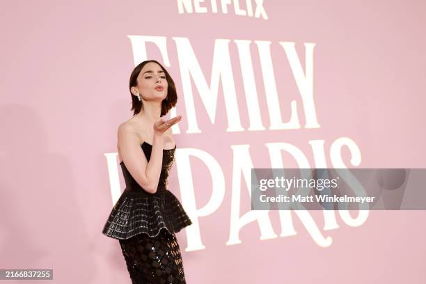 Lily Collins attends the Emily In Paris Season 4 Part 1 LA Premiere at The Egyptian Theatre Hollywood on August 14, 2024 in Los Angeles, California.