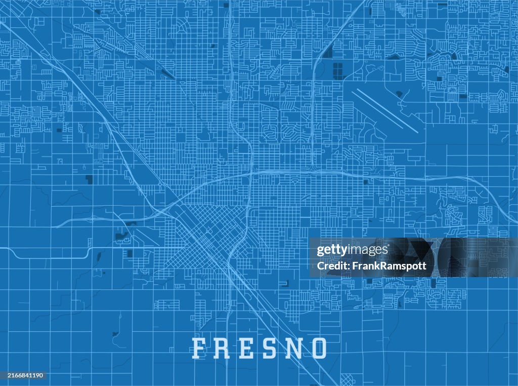 Fresno CA City Vector Road Map Blue Horizontal