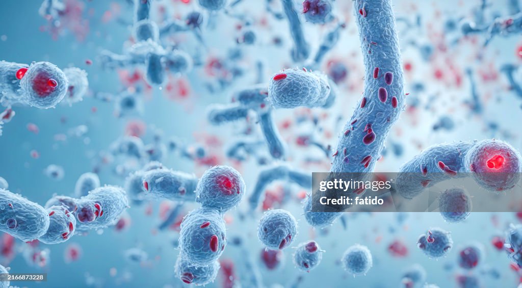 3D virus cells attacking a DNA strand