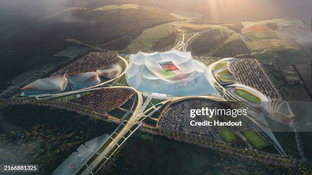 In this handout image from Populous, digital renderings of the proposed Stade Hassan II stadium in Morocco, projected to be the largest football...