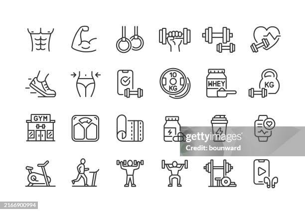 ikonen der fitness- und fitnesslinie. bearbeitbarer strich. - kugelhantel stock-grafiken, -clipart, -cartoons und -symbole