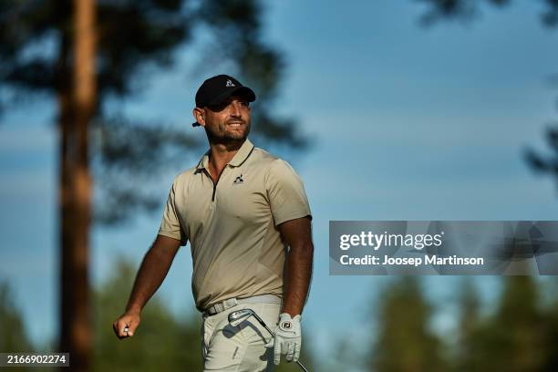Alexander Levy of France reacts on day one of the Vierumaki Finnish Challenge supported by Finnish Golf Union 2024 at Vierumäki Resort on August 15,...
