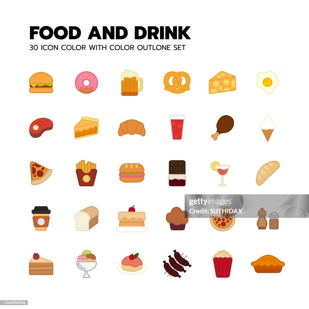 30 Food and Drink Color with Color outline set