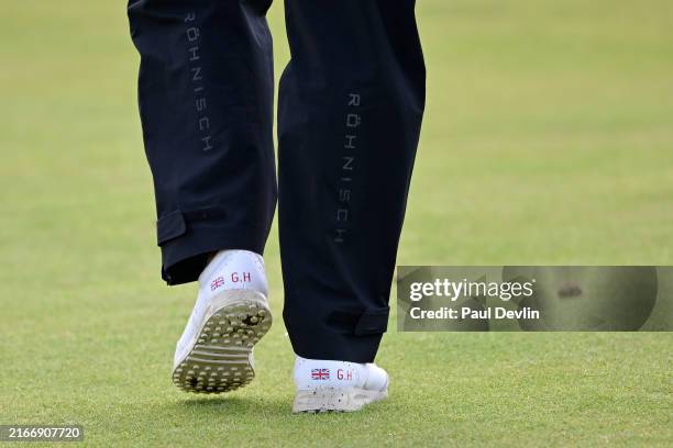 Detailed picture of Georgia Hall of England golf shoes during the first round of the ISPS HANDA Women's Scottish Open at Dundonald Links Golf Course...