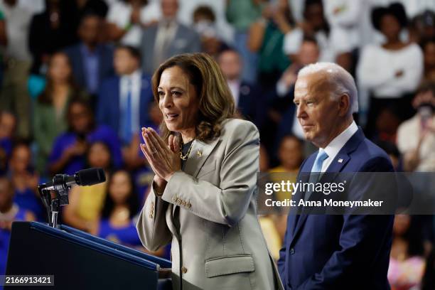 Vice President Kamala Harris gives remarks alongside U.S. President Joe Biden at Prince George’s Community College on August 15, 2024 in Largo,...