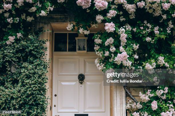 retro entrance door with beautiful flowers - facade stock pictures, royalty-free photos & images