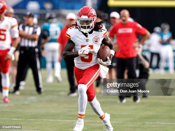 Wide Receiver Hollywood Brown of the Kansas City Chiefs warms up prior to a preseason game against the Jacksonville Jaguars at EverBank Stadium on...
