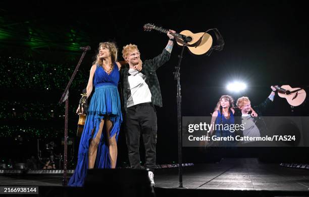 Taylor Swift and Ed Sheeran perform onstage during "Taylor Swift | The Eras Tour" at Wembley Stadium on August 15, 2024 in London, England.