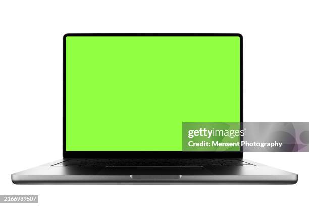 laptop mockup with green screen chroma key isolated on a white background - green screen stock pictures, royalty-free photos & images