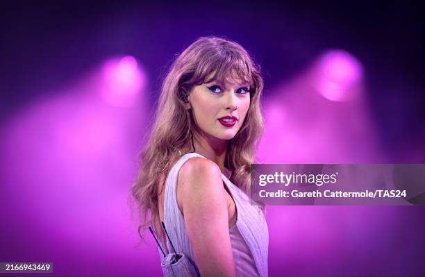 Taylor Swift performs onstage during "Taylor Swift | The Eras Tour" at Wembley Stadium on August 15, 2024 in London, England.