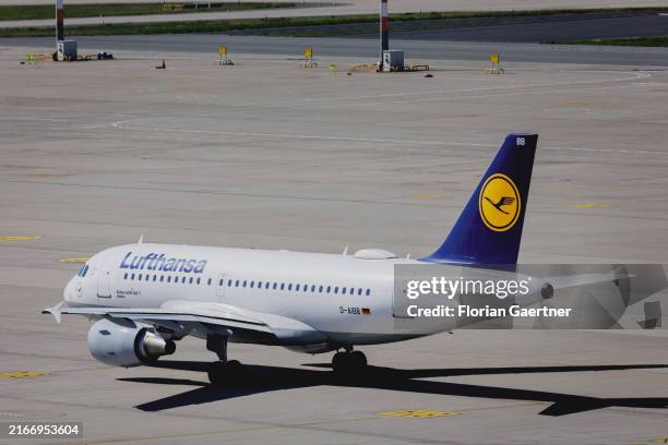 Plane of Lufthansa airline is pictured at the airport BER Willy Brandt on August 12, 2024 in Schoenefeld, Germany.