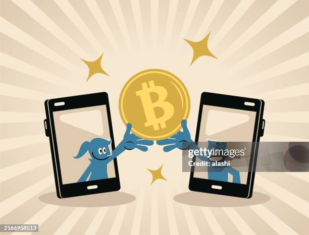 a businesswoman and businessman appear on the smartphone screen showing money together, or one gives money to the other - peer to peer stock illustrations
