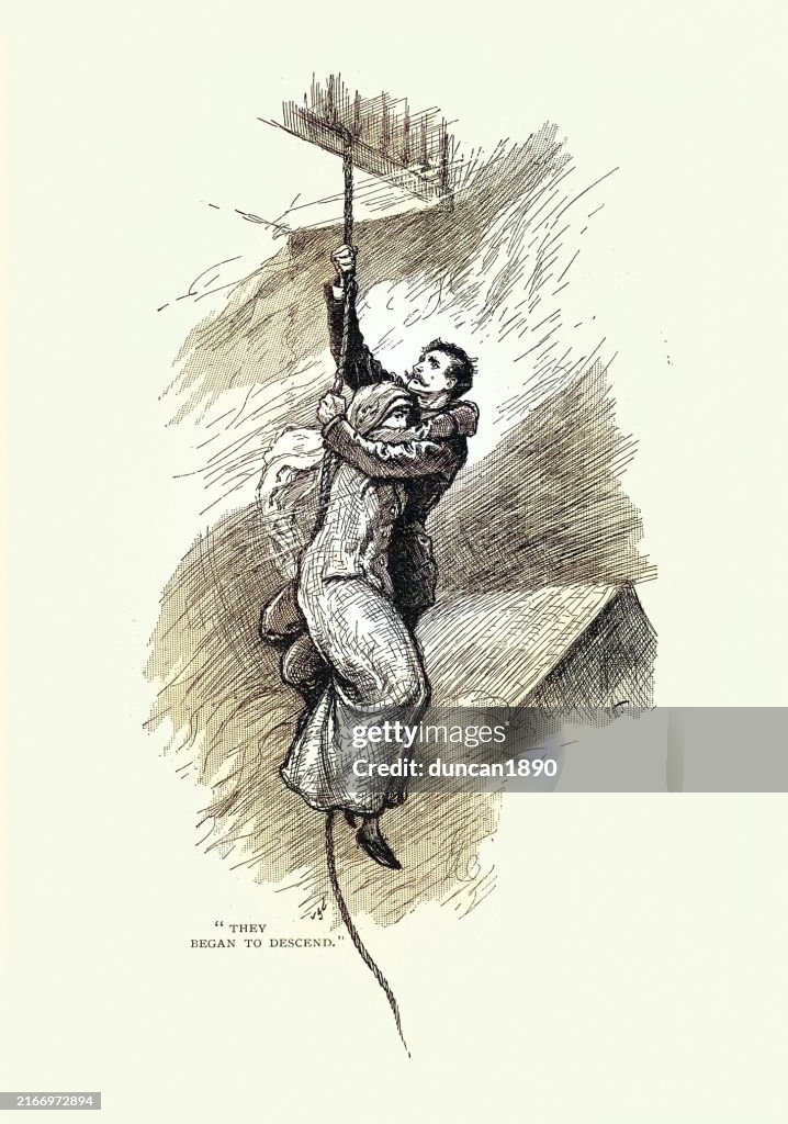 Victorian Hanging Rope Adventure Story Man And Woman Escaping Climbing Down A Rope Victorian ...