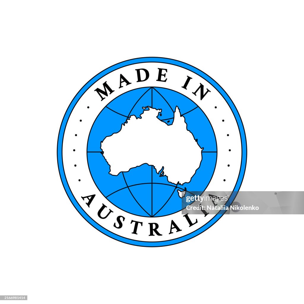 Made in Australia label, product emblem on white isolated background.