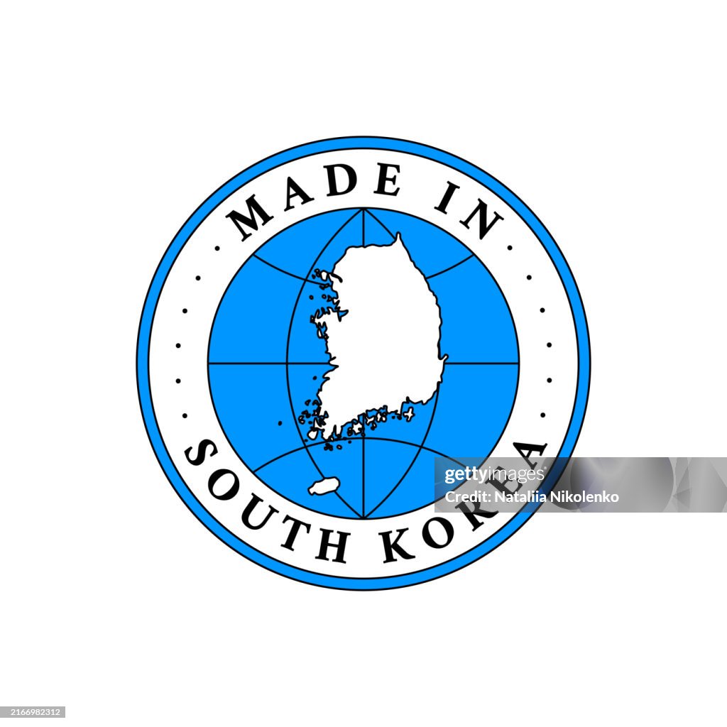 Etichetta Made in Corea del Sud, emblema del prodotto su sfondo bianco isolato.