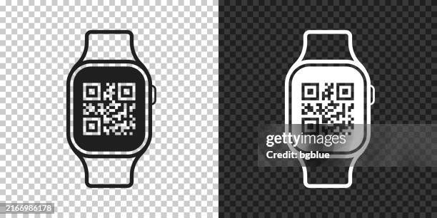 ilustraciones, imágenes clip art, dibujos animados e iconos de stock de reloj inteligente con código qr. icono de diseño sobre fondo en blanco - qr-code-scan-icon