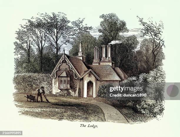 history of english architecture, lodge house, with gardener working, victorian 19th century - worcestershire stock illustrations