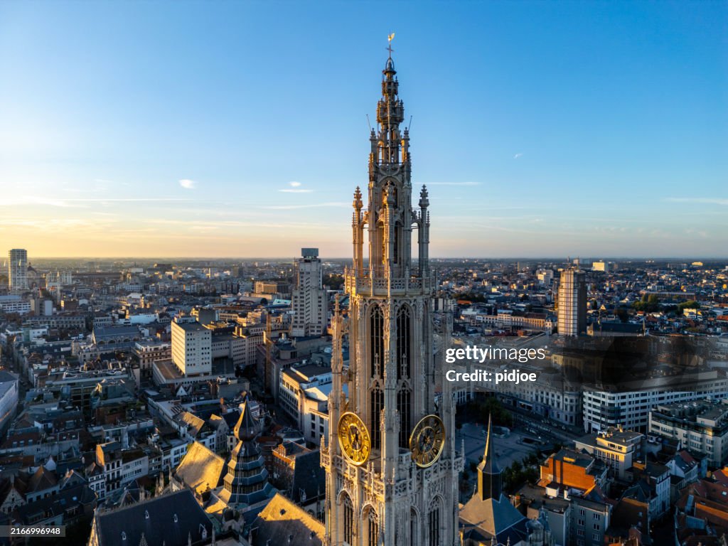 Aerial view of cityscape of Antwerp, gothic style landmark Cathedral of Our Lady Antwerp.
