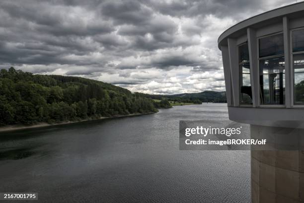 view from the dam wall of the listertalsperre in east direction, nature park park sauerland-rothaargebirge, district olpe, near biggesee, north rhine-westphalia, germany, europe - eastern stock-fotos und bilder