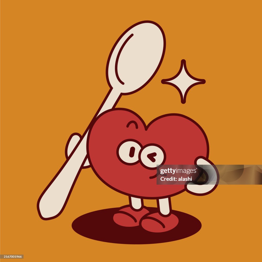 A cute anthropomorphic Heart Man is holding a big spoon