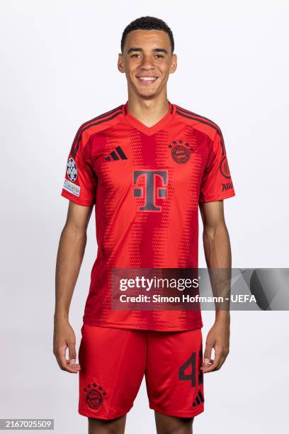 Jamal Musiala of FC Bayern Munich poses for a portrait during the FC Bayern Munich Portrait Session on August 09, 2024 in Munich, Germany.