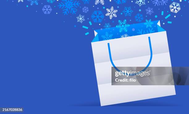 happy holidays opening gift bag winter snow background - market-retail-space stock illustrations