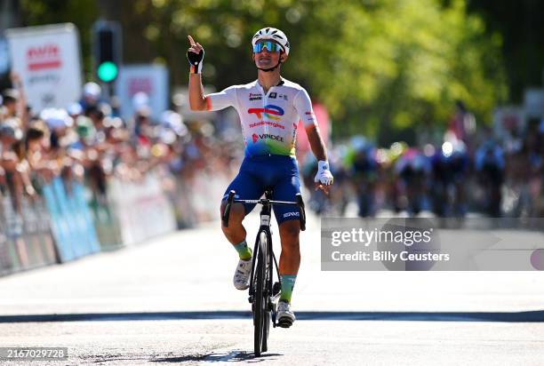 Mathieu Burgaudeau of France and Team TotalEnergies celebrates at finish line as stage winner during the 57th Tour du Limousin - Nouvelle Aquitaine...