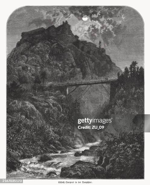 historical view of fort queyras, hautes-alpes, france, woodcut, published 1892 - french alps stock illustrations