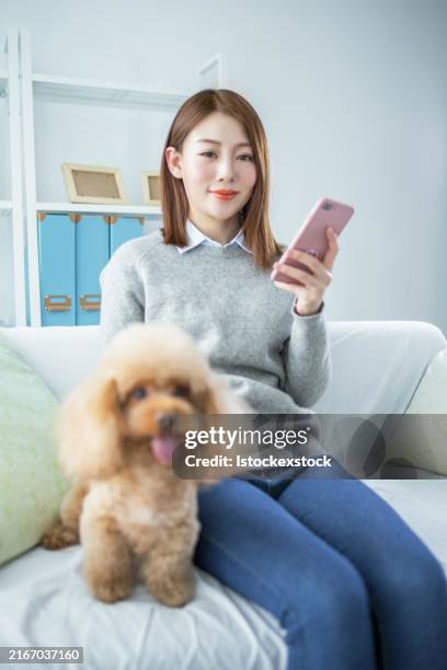 a woman is sitting on a couch with a dog - zecca bruna del cane foto e immagini stock