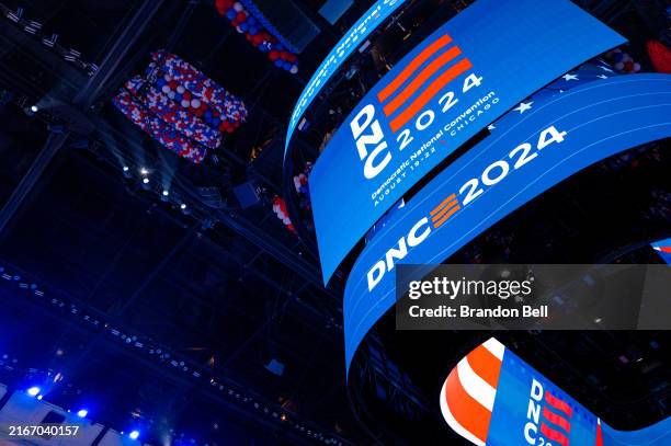 Scoreboard displays 'DNC 2024' ahead of the Democratic National Convention at the United Center on August 16, 2024 in Chicago, Illinois. The United...