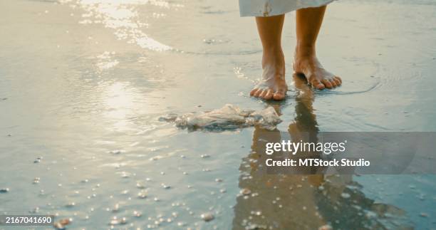 gros plan de la main une femme asiatique ramasse un sac en plastique sur une plage de sable, contribuant au nettoyage de l’environnement et à un mode de vie durable. destinations de vacances et lifestyle plage tropicale. - for sale petite phrase photos et images de collection