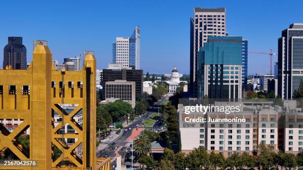 aerial view of downtown sacramento, state capitol, and golden tower bridge - sacramento stock pictures, royalty-free photos & images