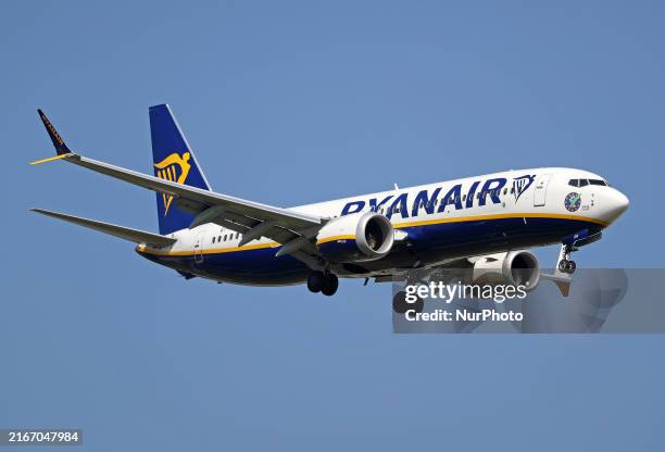 Boeing 737 MAX 8-200 from Ryanair lands at Barcelona airport in Barcelona, Spain, on August 7, 2024.