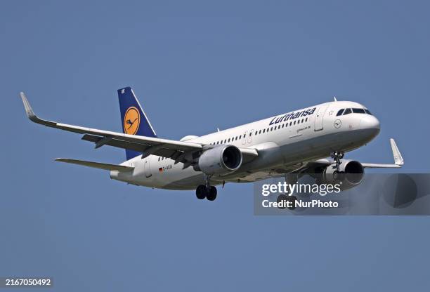 An Airbus A320-214 from Lufthansa lands at Barcelona airport in Barcelona, Spain, on August 7, 2024.