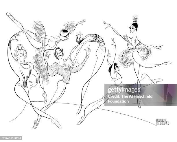 Caricature of dancers of the American Ballet Theatre, 1980. Pictured in costume are, from left, Alexander Godunov, Martine von Hamel, Anthony Dowell,...