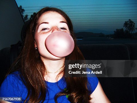 Playful Woman Blowing Bubble Gum Bubble, Happy Woman Portrait Playful Woman Blowing Bubble Gum Bubble, Happy Woman Portrait