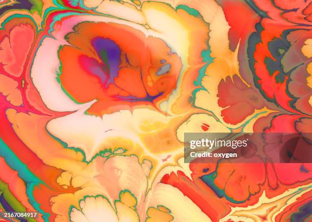 vibrant abstract fluid art with swirling colors. colorful abstract fluid art featuring swirling patterns in bright orange, yellow, green, and red hues. abstract wave texture ebru effect ombre bright gradient - psychedelisch stockfoto's en -beelden