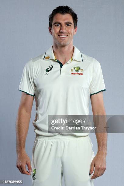 Pat Cummins poses during the Cricket Australia Men's Player Camp Test Headshots Session on August 16, 2024 in Sydney, Australia.