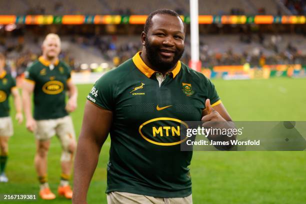 Ox Nche of the Springboks gives a thumbs up to the Fans after the win during The Rugby Championship match between Australia Wallabies and South...