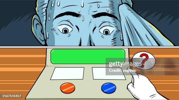 vector pop art panicked man choosing button meme stock illustration - panic button stock illustrations