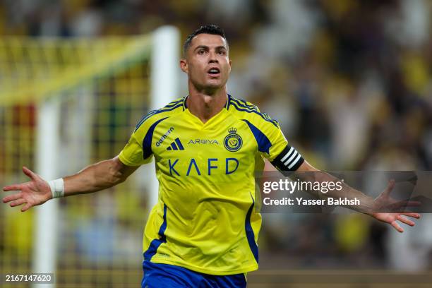 Cristiano Ronaldo of Al Nassr celebrating after scores the 1st goal during the Saudi Pro League match between Al Nassr and Al Raed at Al Awwal Park...