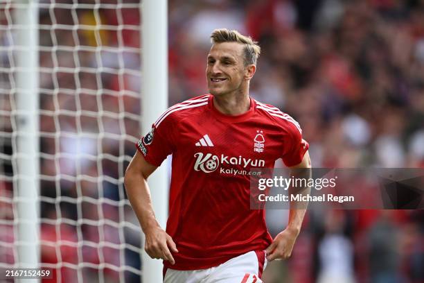 Chris Wood of Nottingham Forest celebrates scoring his team's first goal during the Premier League match between Nottingham Forest FC and AFC...