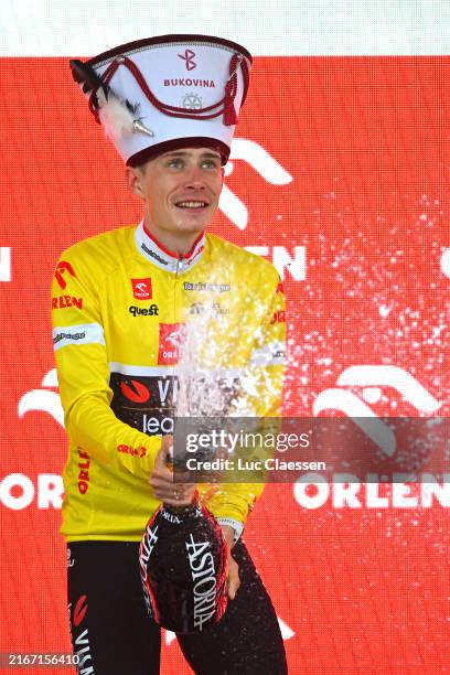 Jonas Vingegaard Hansen of Denmark and Team Team Visma - Lease a Bike - Yellow Leader Jersey celebrates at podium during the 81st Tour de Pologne,...