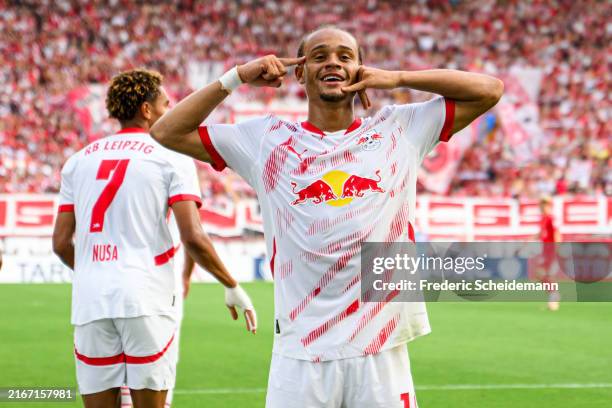 Xavi Simons of Leipzig celebrates after scoring his teams fourth goal during the DFB-Pokal match between Rot-Weiss Essen and RB Leipzig at on August...