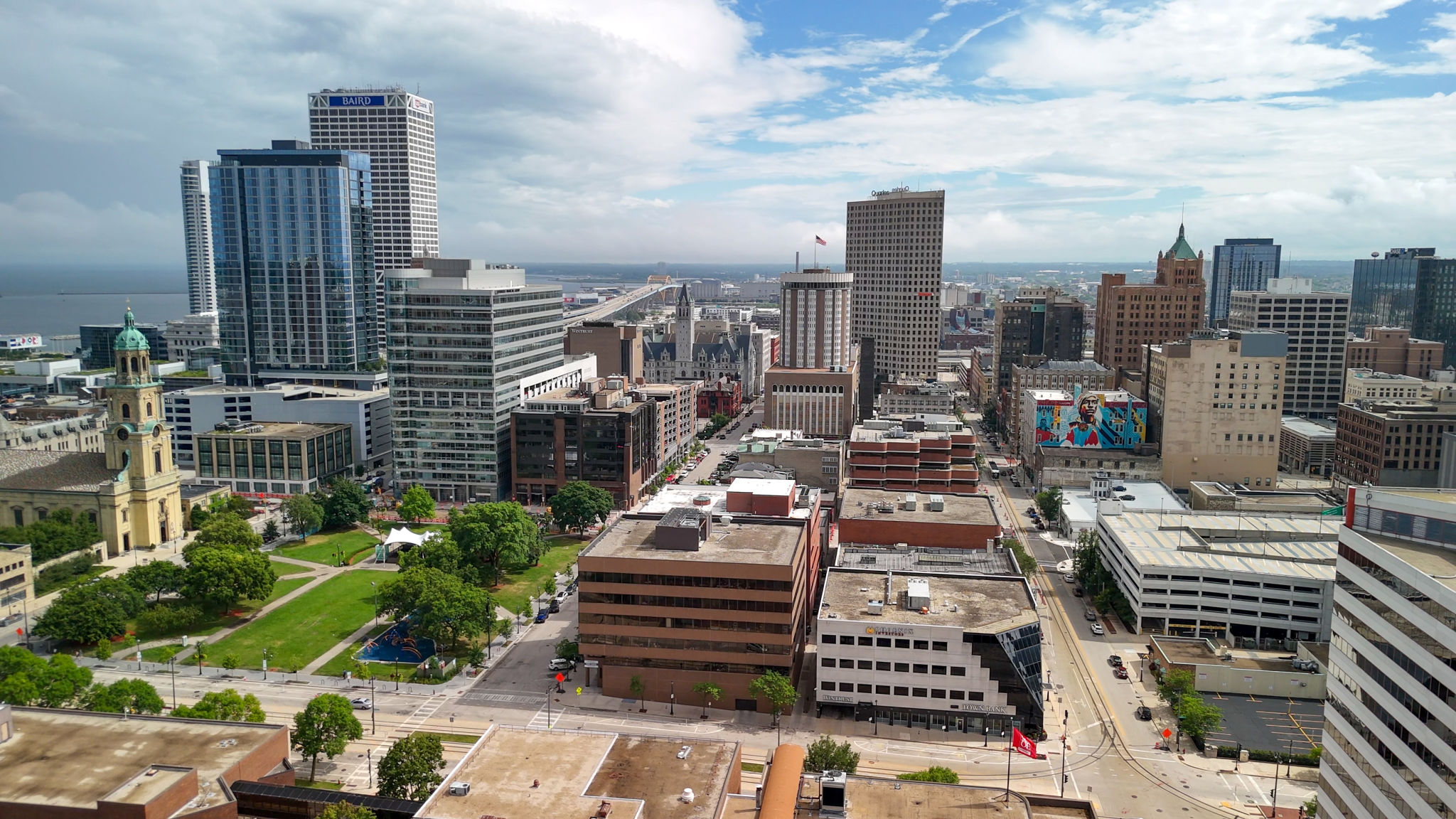 Aerial view of Downtown Milwaukee on a sunny summer day, Wisconsin Aerial view of Downtown Milwaukee on a sunny summer day, Wisconsin