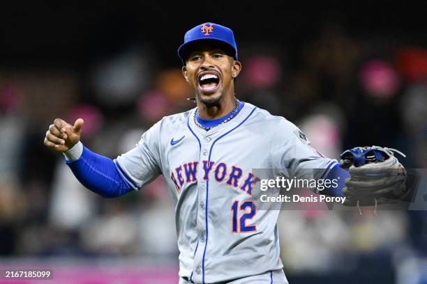 Francisco Lindor of the New York Mets celebrates after beating the San Diego Padres 8-3 in a baseball game August 22, 2024 at Petco Park in San...