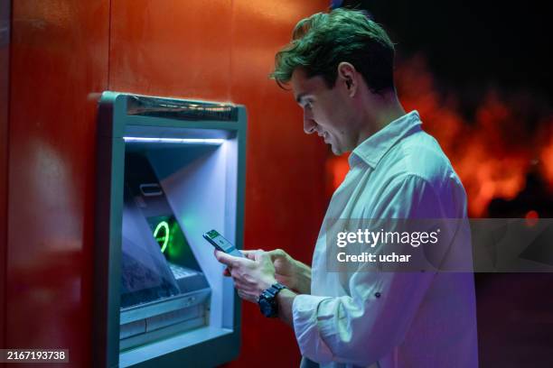Portrait File Scan Young Man Trying To Withdraw Money From Atm At Night By Scanning Qr ...