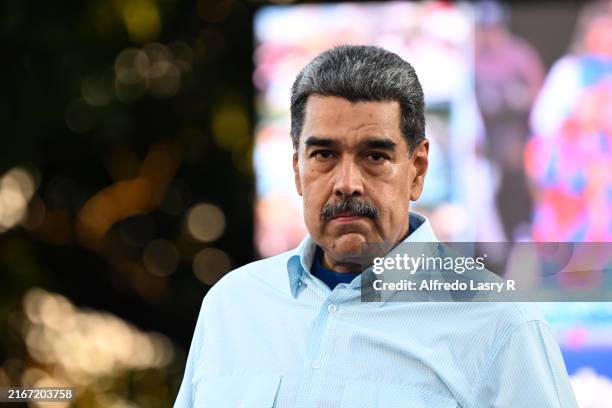Incumbent President of Venezuela Nicolás Maduro looks forward during the 'Gran Marcha Mundial por la Paz' supporting incumbent president Maduro on...