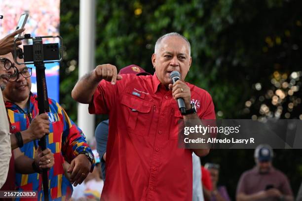 Deputy of the National Assembly Diosdado Cabello speaks to the supporters during the 'Gran Marcha Mundial por la Paz' supporting incumbent President...