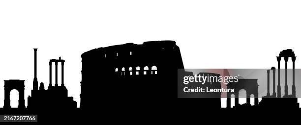 illustrazioni stock, clip art, cartoni animati e icone di tendenza di silhouette del colosseo e dello skyline di roma (tutti gli edifici sono mobili e completi) - skyline roma